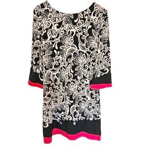 Eliza J dress size 8 petite modest Bell sleeve black white floral